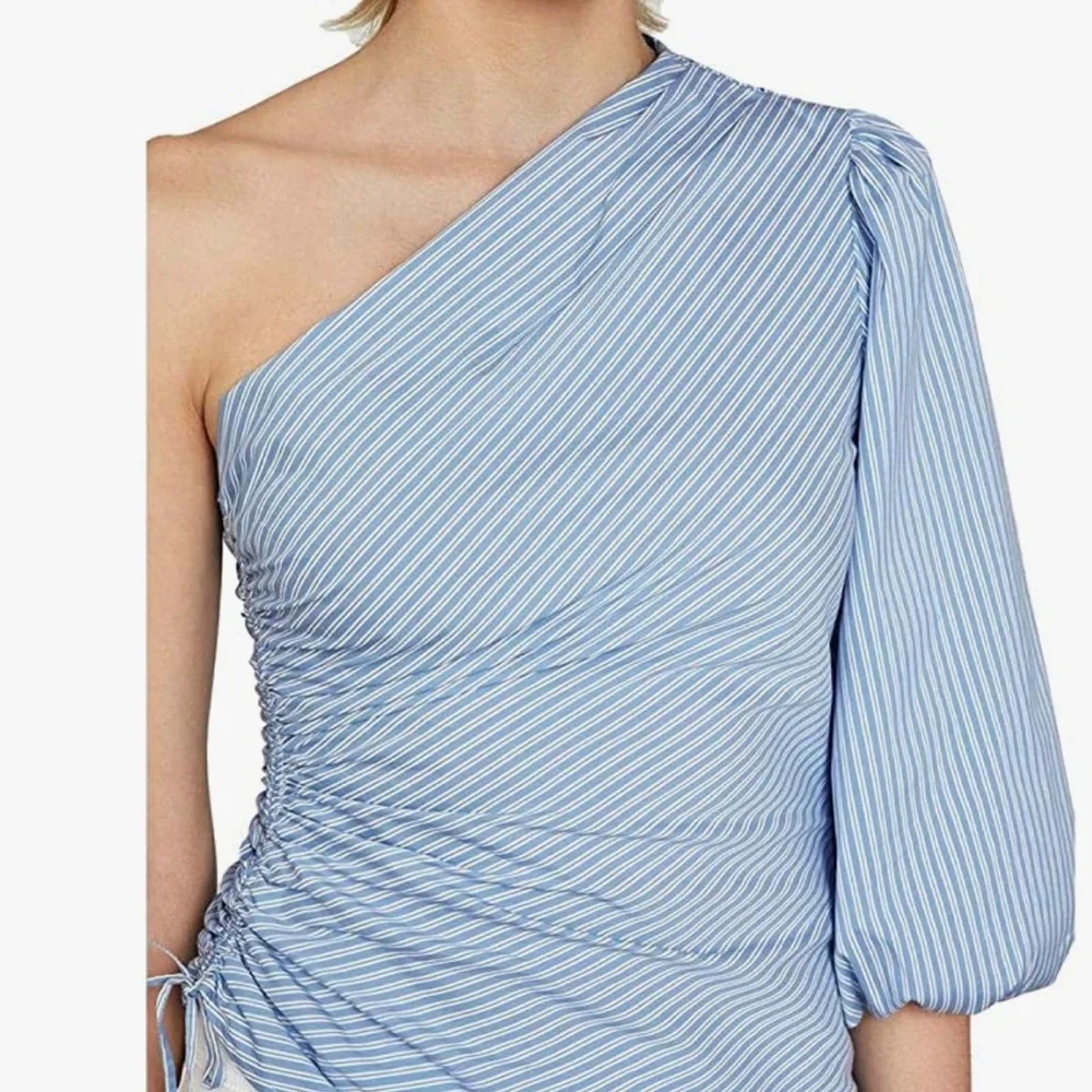 BCBGMaxAzria Blue Striped Ruched Poplin Top Size Small - Picture 3 of 15